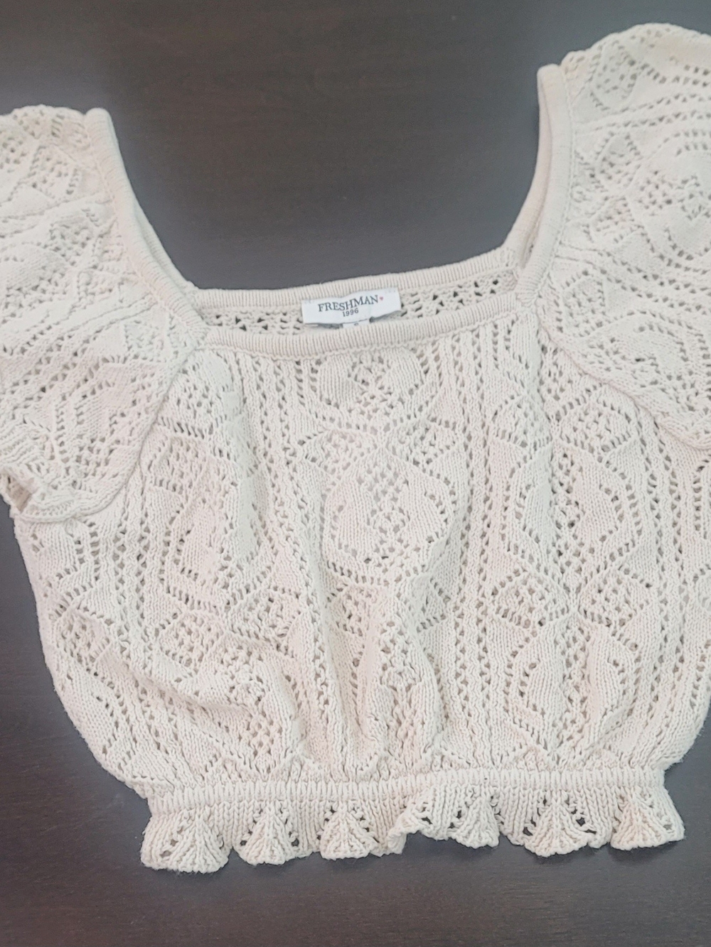 Freshman Cream Crochet Knit Crop Top with Square Neck